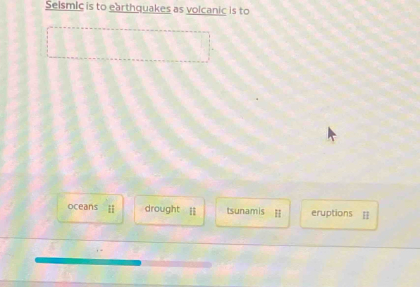 Selsmic is to earthquakes as volcanic is to
oceans drought ii tsunamis = eruptions =
