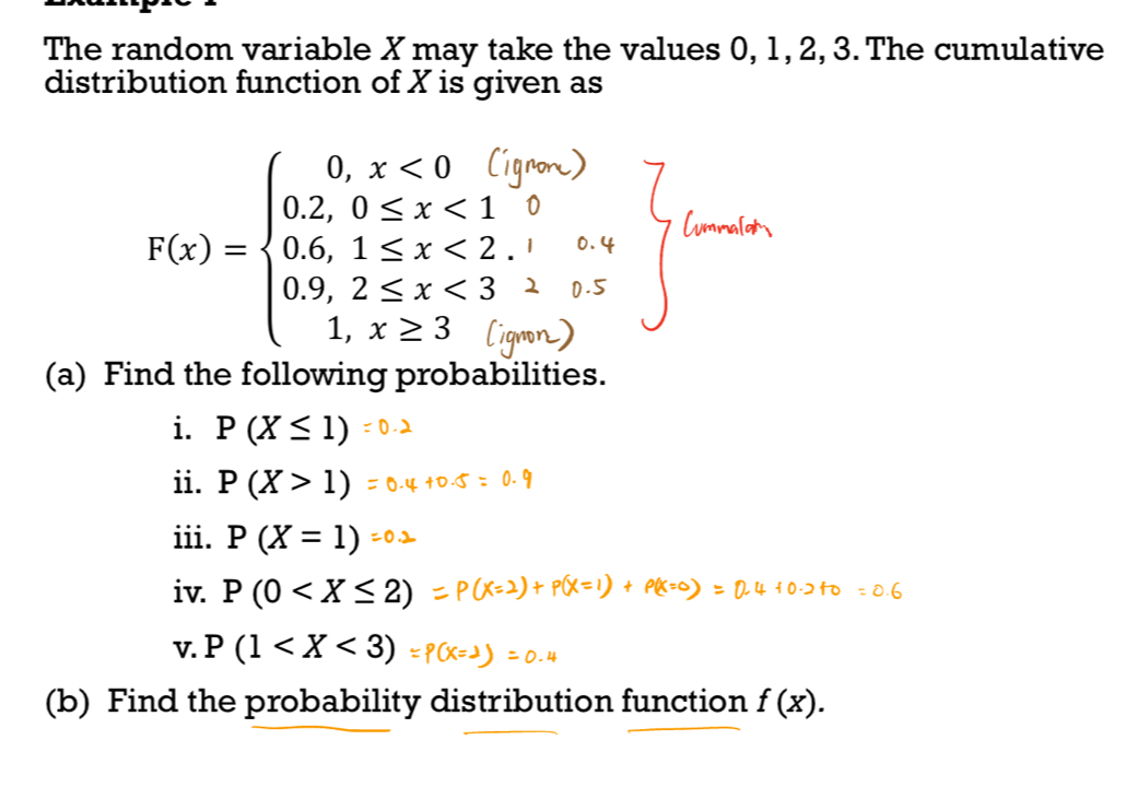 The random variable X may take the values 0, 1, 2, 3. The cumulative 
distribution function of X is given as
F(x)=beginarrayl 0,x<0( 0.2,0≤ x<1 0.6,1≤ x<2, 0.9,2≤ x<3 1,x≥ 3.endarray.
(a) Find the following probabilities. 
i. P(X≤ 1)
ii. P(X>1)
iii. P(X=1)
iv. P(0
V. P(1
(b) Find the probability distribution function f(x).