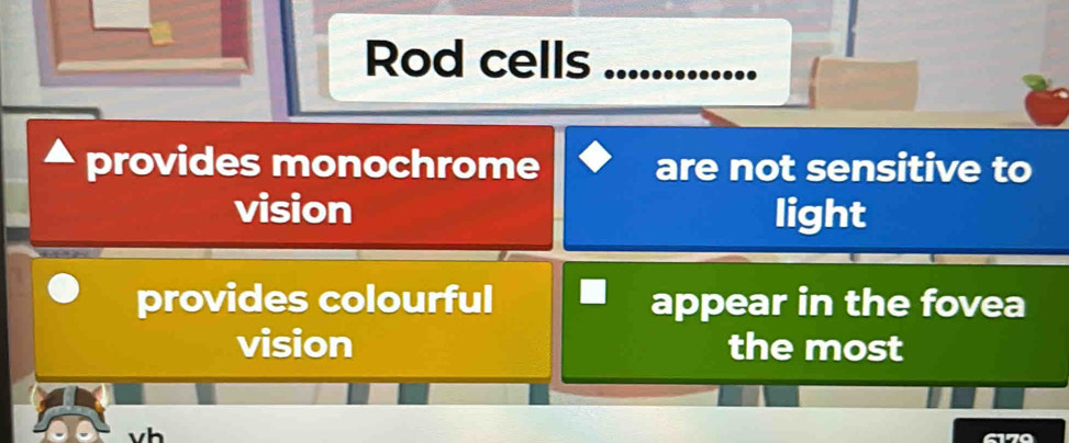 Rod cells 
provides monochrome are not sensitive to 
vision light 
provides colourful appear in the fovea 
vision the most 
vh
6170