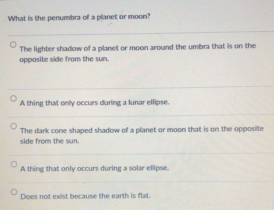 Solved: What is the penumbra of a planet or moon? The lighter shadow of ...