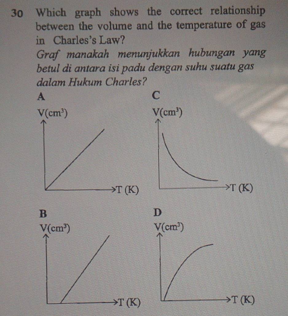 Which graph shows the correct relationship
between the volume and the temperature of gas
in Charles's Law?
Graf manakah menunjukkan hubungan yang
betul di antara isi padu dengan suhu suatu gas
dalam Hukum Charles?
A
C
T(K)
B
D
T(K)