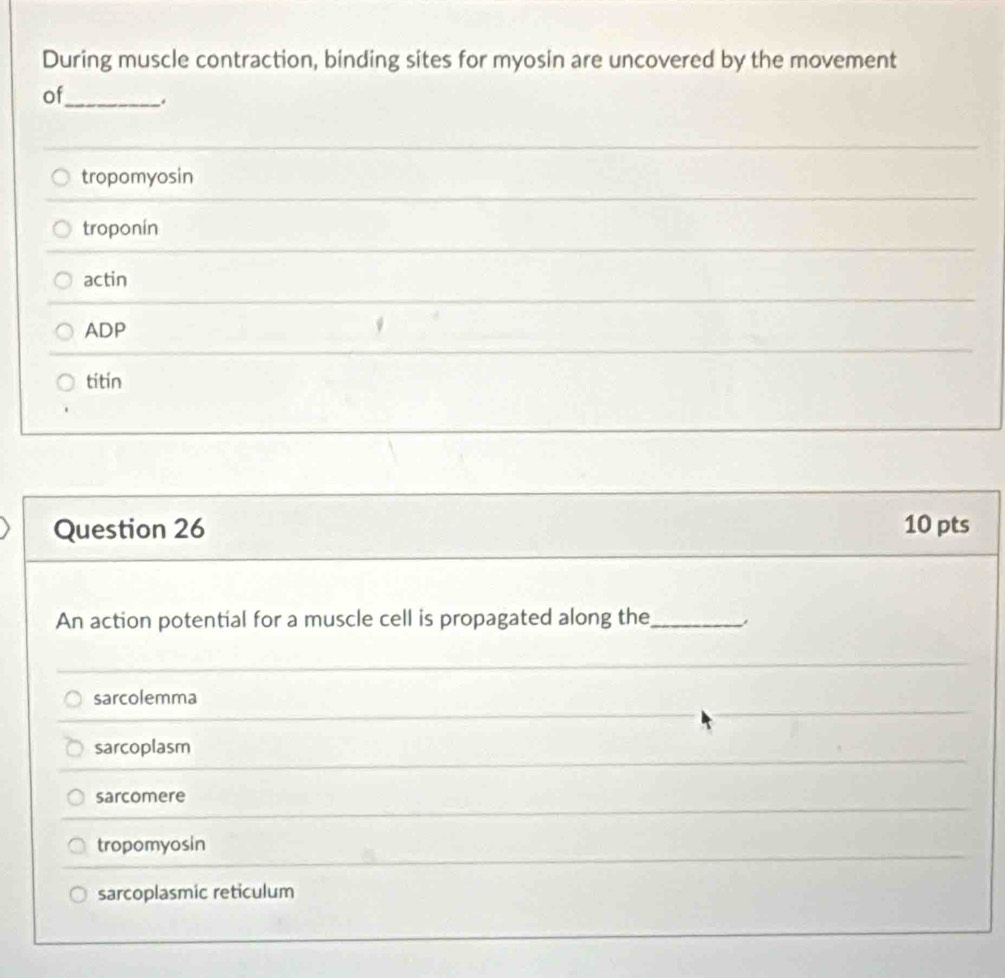 During muscle contraction, binding sites for myosin are uncovered by the movement
of_ .
_
tropomyosin
troponín
actin
ADP
titin
Question 26 10 pts
An action potential for a muscle cell is propagated along the_
sarcolemma
sarcoplasm
sarcomere
tropomyosin
sarcoplasmic reticulum