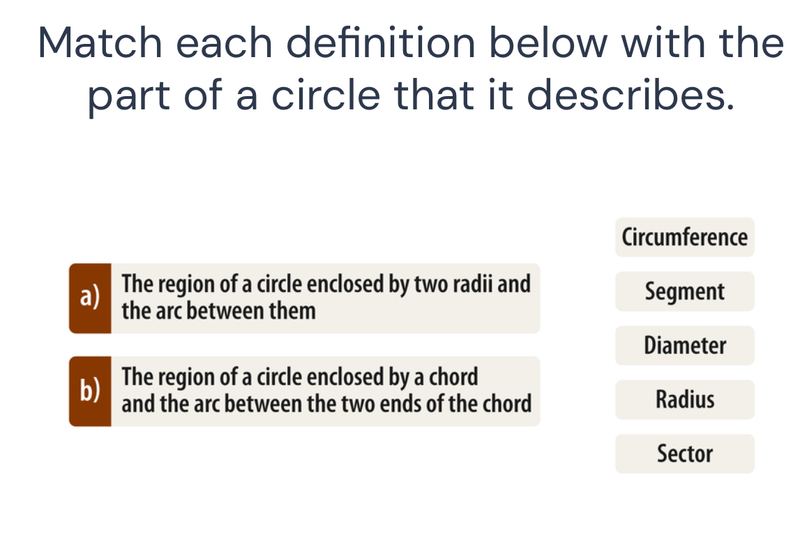 Solved: Match each definition below with the part of a circle that it ...
