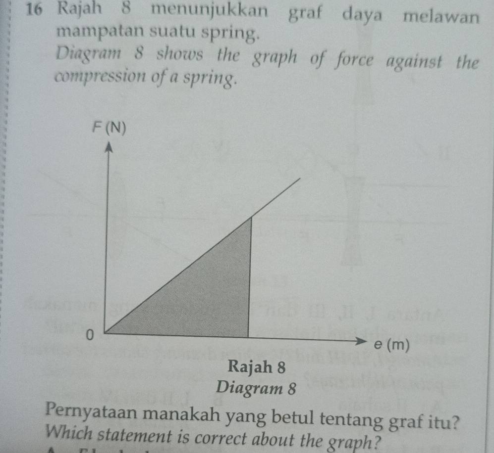 Rajah 8 menunjukkan graf daya melawan 
mampatan suatu spring. 
Diagram 8 shows the graph of force against the 
compression of a spring. 
Rajah 8 
Diagram 8 
Pernyataan manakah yang betul tentang graf itu? 
Which statement is correct about the graph?