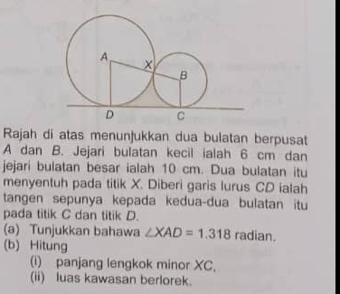 Rajah di atas menunjukkan dua bulatan berpusat
A dan B. Jejari bulatan kecil ialah 6 cm dan 
jejari bulatan besar ialah 10 cm. Dua bulatan itu 
menyentuh pada titik X. Diberi garis lurus CD ialah 
tangen sepunya kepada kedua-dua bulatan itu 
pada titik C dan titik D. 
(a) Tunjukkan bahawa ∠ XAD=1.318 radian. 
(b) Hitung 
(i) panjang lengkok minor XC, 
(ii) luas kawasan berlorek.