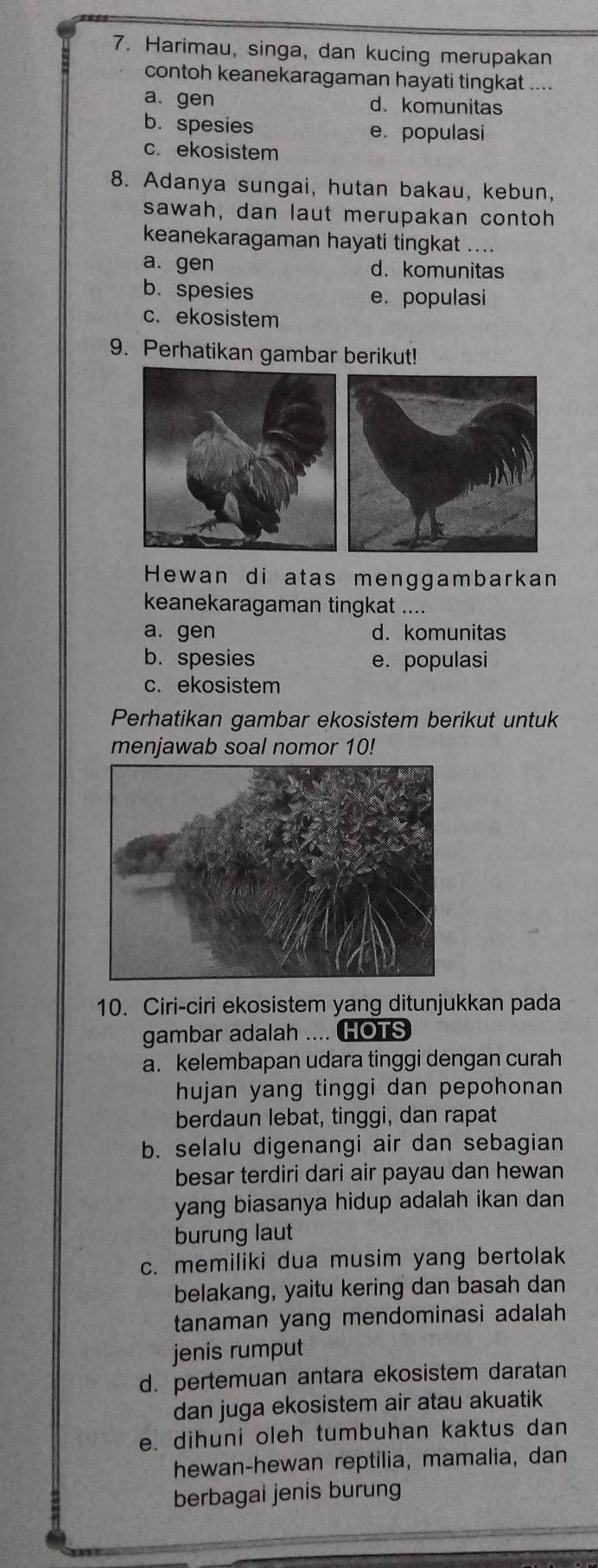 Harimau, singa, dan kucing merupakan
contoh keanekaragaman hayati tingkat ....
a. gen d. komunitas
b. spesies e. populasi
c. ekosistem
8. Adanya sungai, hutan bakau, kebun,
sawah, dan laut merupakan contoh
keanekaragaman hayati tingkat ....
a. gen d. komunitas
b. spesies e. populasi
c. ekosistem
9. Perhatikan gambar berikut!
Hewan di atas menggambarkan
keanekaragaman tingkat ....
a. gen d. komunitas
b.spesies e. populasi
c. ekosistem
Perhatikan gambar ekosistem berikut untuk
menjawab soal nomor 10!
10. Ciri-ciri ekosistem yang ditunjukkan pada
gambar adalah .... OT
a. kelembapan udara tinggi dengan curah
hujan yang tinggi dan pepohonan 
berdaun lebat, tinggi, dan rapat
b. selalu digenangi air dan sebagian
besar terdiri dari air payau dan hewan
yang biasanya hidup adalah ikan dan 
burung laut
c. memiliki dua musim yang bertolak
belakang, yaitu kering dan basah dan
tanaman yang mendominasi adalah
jenis rumput
d. pertemuan antara ekosistem daratan
dan juga ekosistem air atau akuatik
e. dihuni oleh tumbuhan kaktus dan
hewan-hewan reptilia, mamalia, dan
berbagai jenis burung