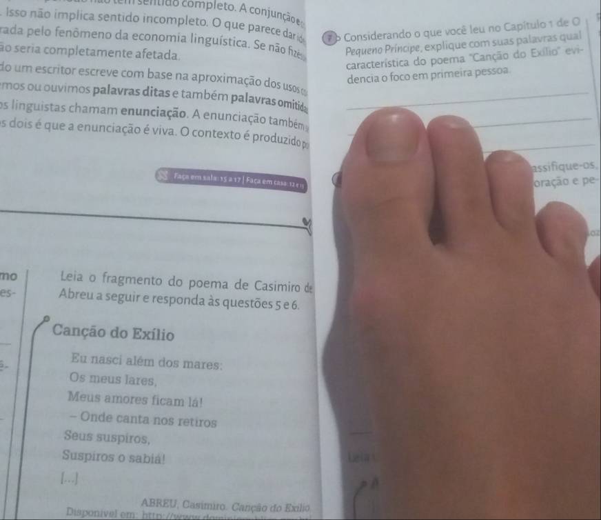 sentido completo. A conjunção e 
A Isso não implica sentido incompleto. O que parece dard 7o Considerando o que você leu no Capítulo 1 de O 
r 
rada pelo fenômeno da economia linguística. Se não fzéo Pequeno Príncipe, explique com suas palavras qual 
ão seria completamente afetada. 
característica do poema 'Canção do Exílio' evi- 
dencia o foco em primeira pessoa. 
do um escritor escreve com base na aproximação dos usos 
emos ou ouvimos palavras ditas e também palavras omitid 
os linguistas chamam enunciação. A enunciação também 
os dois é que a enunciação é viva. O contexto é produzido p 
assifique-os, 
Faça em sala: 15 a 17 | Faça em casa: 12 e ! 
oração e pe 
mo Leia o fragmento do poema de Casimiro de 
es- Abreu a seguir e responda às questões 5 e 6. 
Canção do Exílio 
Eu nasci além dos mares: 
Os meus lares, 
Meus amores ficam lá! 
- Onde canta nos retiros 
Seus suspiros, 
Suspiros o sabiá! Lelw 
[...] 
ABREU, Casímiro. Canção do Exílio 
Disponivel em: http://wwwaw