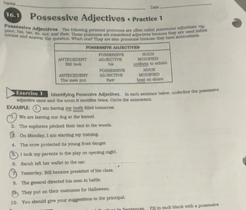 Solved: Name_ Date _ 16.1 Possessive Adjectives • Practice 1 Poasessive ...