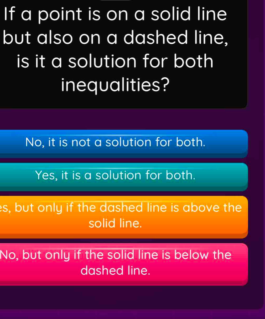 If a point is on a solid line
but also on a dashed line,
is it a solution for both
inequalities?
No, it is not a solution for both.
Yes, it is a solution for both.
es, but only if the dashed line is above the
solid line.
No, but only if the solid line is below the
dashed line.