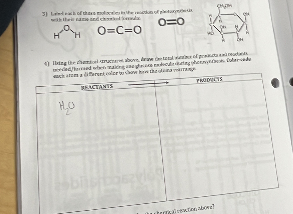 Label each of these molecules in the reaction of photosynthesis 
with their name and chemical formula: 0=0
o
H H O=C=O
4) Using the chemical structures above, draw the total number of products and reactants 
med when making one glucose molecule during photosynthesis. Color-code 
chemical reaction above?