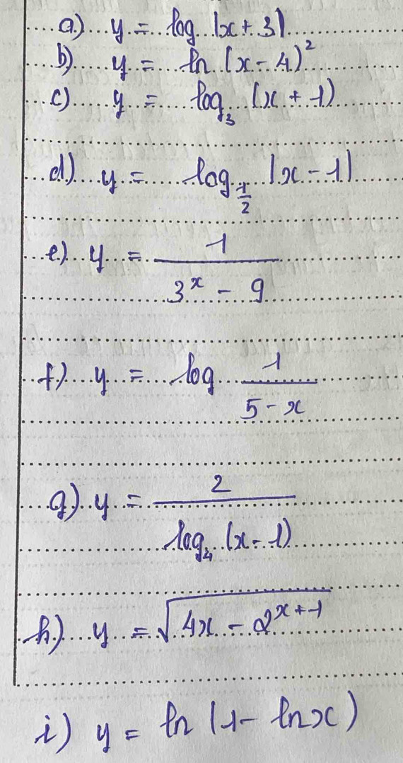 a ) y=log _a|x+3|
(. y=ln (x-4)^2
() y=log _3(x+1)
el ).
y=log _ 1/2 |x-1|
e. ). y= (-1)/3^x-9 
(1. y=log _ 1/5-x 
y=frac 2log _2(x-1)
y=sqrt(4x-2^(x+1))
i) y=ln (1-ln x)