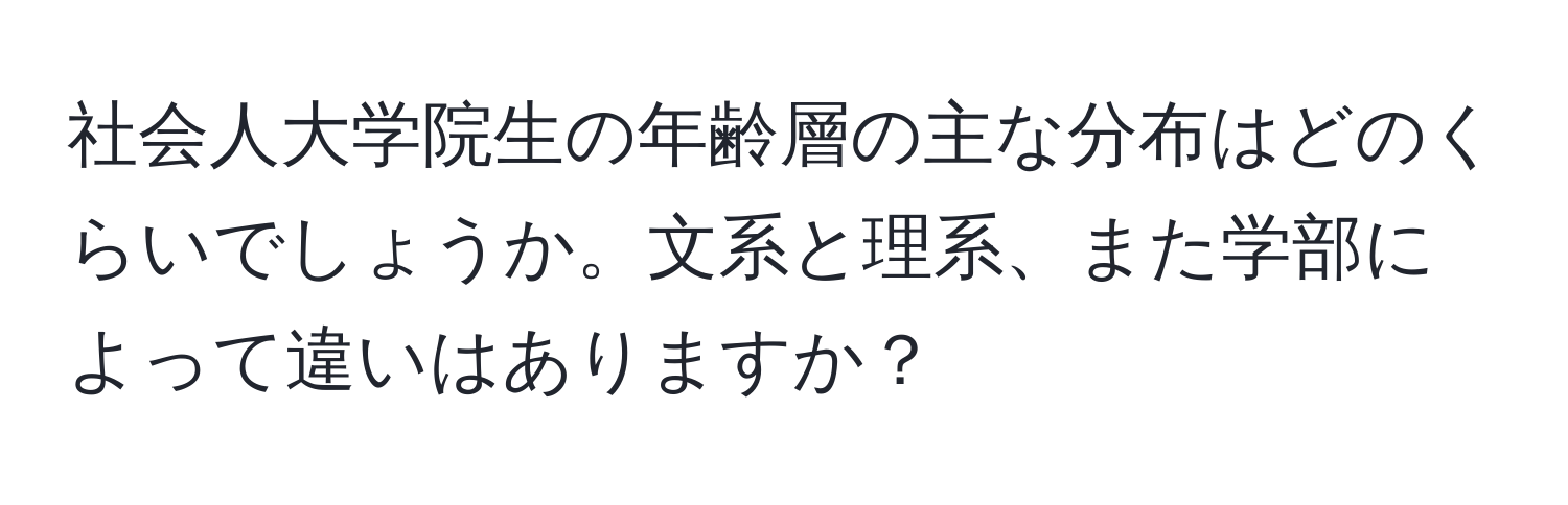 社会人大学院生の年齢層の主な分布はどのくらいでしょうか。文系と理系、また学部によって違いはありますか？