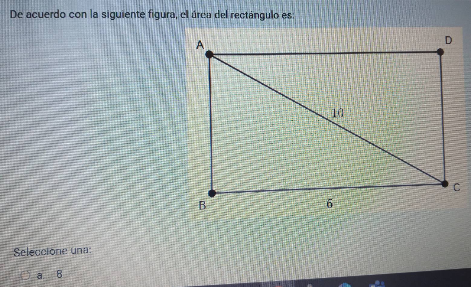 De acuerdo con la siguiente figura, el área del rectángulo es:
Seleccione una:
a. 8