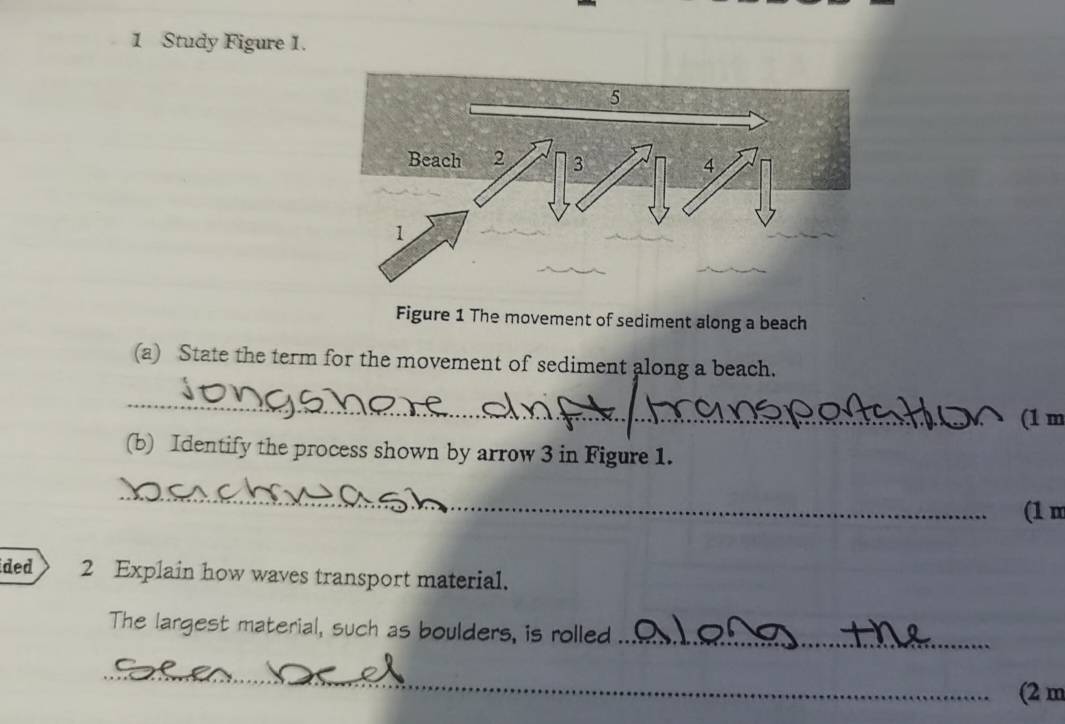 Study Figure 1. 
Figure 1 The movement of sediment along a beach 
(a) State the term for the movement of sediment along a beach. 
_ 
(1 m
(b) Identify the process shown by arrow 3 in Figure 1. 
_ 
(1 π
ided 2 Explain how waves transport material. 
The largest material, such as boulders, is rolled_ 
_ 
(2 m