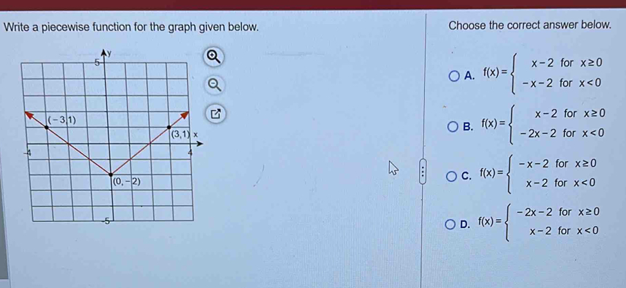 Write a piecewise function for the graph given below. Choose the correct answer below.
A. f(x)=beginarrayl x-2forx≥ 0 -x-2forx<0endarray.
B. f(x)=beginarrayl x-2forx≥ 0 -2x-2forx<0endarray.
C. f(x)=beginarrayl -x-2forx≥ 0 x-2forx<0endarray.
D. f(x)=beginarrayl -2x-2forx≥ 0 x-2forx<0endarray.