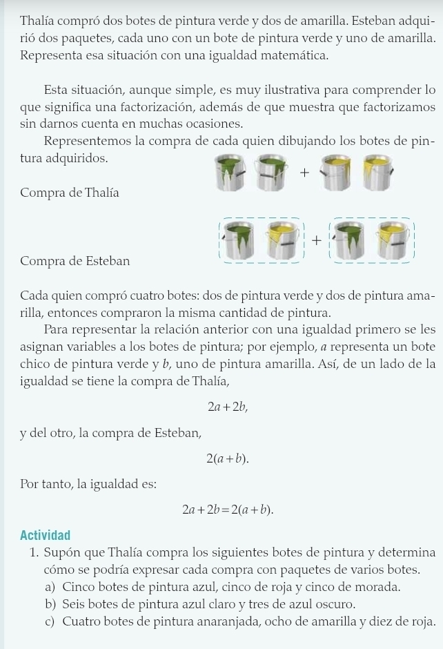 Thalía compró dos botes de pintura verde y dos de amarilla. Esteban adqui- 
rió dos paquetes, cada uno con un bote de pintura verde y uno de amarilla. 
Representa esa situación con una igualdad matemática. 
Esta situación, aunque simple, es muy ilustrativa para comprender lo 
que significa una factorización, además de que muestra que factorizamos 
sin darnos cuenta en muchas ocasiones. 
Representemos la compra de cada quien dibujando los botes de pin- 
tura adquiridos. 
+ 
Compra de Thalía 
+ 
Compra de Esteban 
Cada quien compró cuatro botes: dos de pintura verde y dos de pintura ama- 
rilla, entonces compraron la misma cantidad de pintura. 
Para representar la relación anterior con una igualdad primero se les 
asignan variables a los botes de pintura; por ejemplo, ø representa un bote 
chico de pintura verde y b, uno de pintura amarilla. Así, de un lado de la 
igualdad se tiene la compra de Thalía,
2a+2b, 
y del otro, la compra de Esteban,
2(a+b). 
Por tanto, la igualdad es:
2a+2b=2(a+b). 
Actividad 
1. Supón que Thalía compra los siguientes botes de pintura y determina 
cómo se podría expresar cada compra con paquetes de varios botes. 
a) Cinco botes de pintura azul, cinco de roja y cinco de morada. 
b) Seis botes de pintura azul claro y tres de azul oscuro. 
c) Cuatro botes de pintura anaranjada, ocho de amarilla y diez de roja.