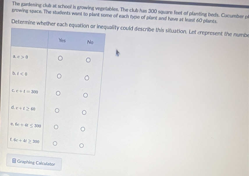 The gardening club at school is growing vegetables. The club has 300 square feet of planting beds. Cucumber p
growing space. The students want to plant some of each type of plant and have at least 60 plants.
Determine whether elity could describe this situation. Let crepresent the numbe
* Graphing Calculator