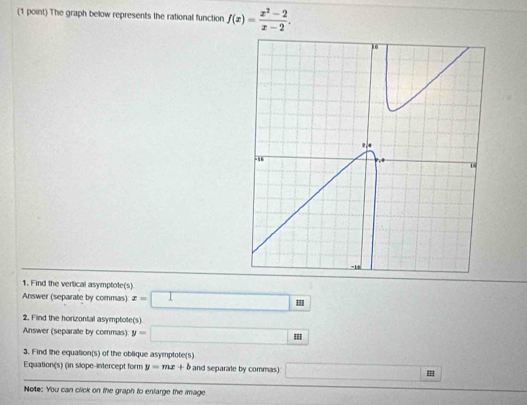 The graph below represents the rational function f(x)= (x^2-2)/x-2 . 
1. Find the vertical asymptote(s) 
Answer (separate by commas) x=□ □ □ □ ES 
2. Find the horizontal asymptote(s) 
Answer (separate by commas) y=□ [ 
3. Find the equation(s) of the oblique asymptote(s) 
Equation(s) (in slope-intercept form y=mx+b and separate by commas) □ === 
Note: You can click on the graph to enlarge the image