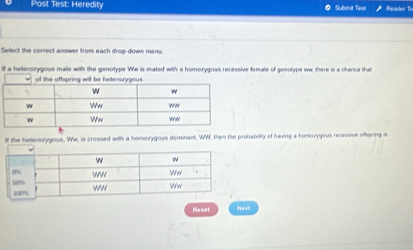 Post Test: Heredity Submit Test Reader To 
Select the correct answer from each drop-down menu. 
lf a beterozygous male with the genotype Ww is mated with a homozygous recessive female of genotype ww, there is a chance that 
Ill the heterozygous, Ww, is crossed with a homozygous dominant, WW, then the probability of having a homozygous recessive offspring is 
Raset Pe xt