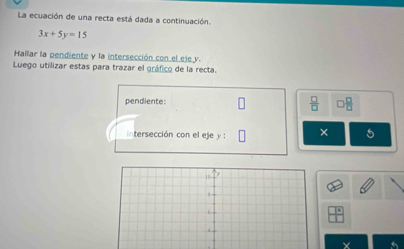 La ecuación de una recta está dada a continuación.
3x+5y=15
Hallar la pendiente y la intersección con el eje y. 
Luego utilizar estas para trazar el gráfico de la recta. 
pendiente:
 □ /□   □  □ /□  
intersección con el eje y : 
×
1x