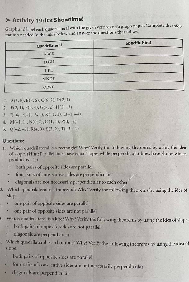 Activity 19: It’s Showtime!
Graph and label each quadrilateral with the given vertices on a graph paper. Complete the infor
mation needed in the table below and answer the questions that follow.
1. A(3,5), B(7,6), C(6,2), D(2,1)
2. E(2,1), F(5,4), G(7,2), H(2,-3)
3. I(-6,-4), J(-6,1), K(-1,1), L(-1,-4)
4. M(-1,1), N(0,2), O(1,1), P(0,-2)
5. Q(-2,-3), R(4,0), S(3,2), T(-3,-1)
Questions:
1. Which quadrilateral is a rectangle? Why? Verify the following theorems by using the idea
of slope. (Hint: Parallel lines have equal slopes while perpendicular lines have slopes whose
product is -1.)
both pairs of opposite sides are parallel
four pairs of consecutive sides are perpendicular
diagonals are not necessarily perpendicular to each other
2. Which quadrilateral is a trapezoid? Why? Verify the following theorems by using the idea of
slope.
one pair of opposite sides are parallel
one pair of opposite sides are not parallel
3. Which quadrilateral is a kite? Why? Verify the following theorems by using the idea of slope.
both pairs of opposite sides are not parallel
diagonals are perpendicular
Which quadrilateral is a rhombus? Why? Verify the following theorems by using the idea of
slope.
both pairs of opposite sides are parallel
four pairs of consecutive sides are not necessarily perpendicular
diagonals are perpendicular