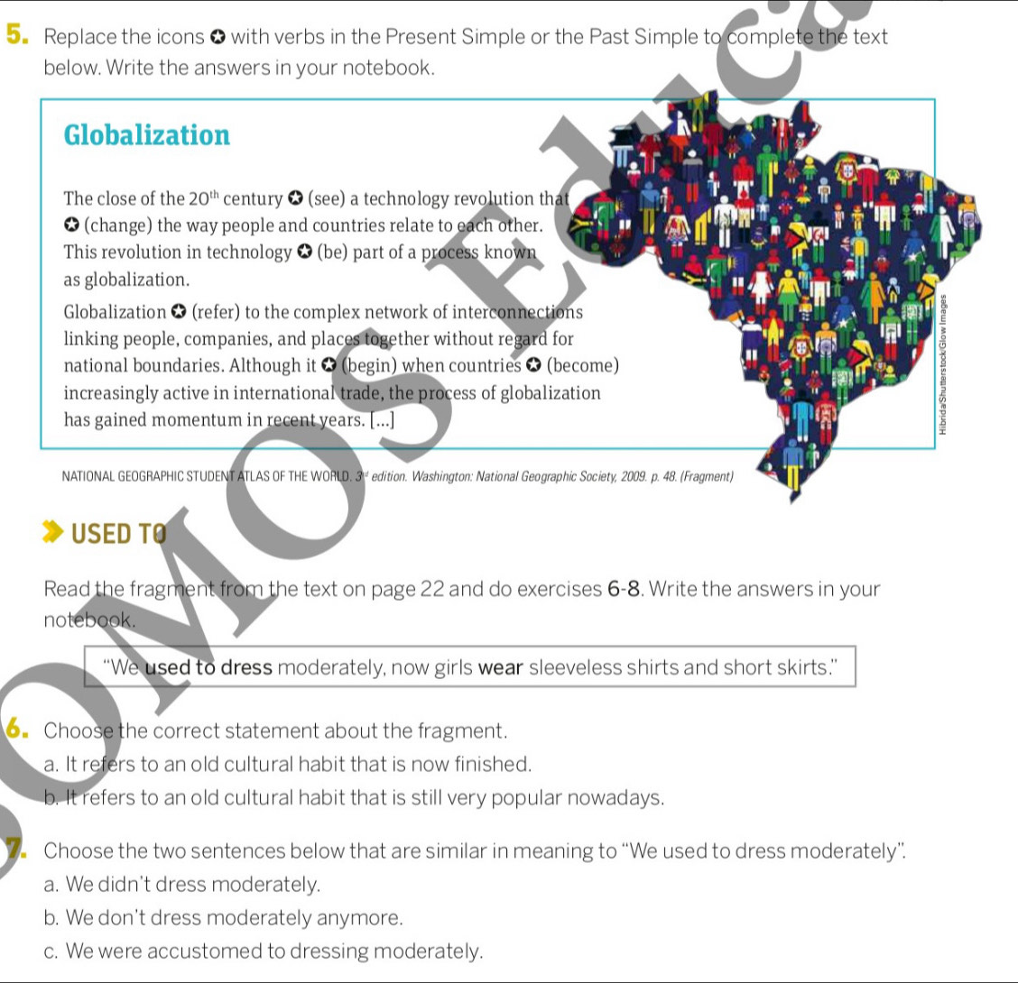 Replace the icons 6 with verbs in the Present Simple or the Past Simple to complete the text
below. Write the answers in your notebook.
Globalization
The close of the 20^(th) century ♣ (see) a technology revolution that
* (change) the way people and countries relate to each other.
This revolution in technology ♣ (be) part of a process known
as globalization.
Globalization ♣ (refer) to the complex network of interconnections
linking people, companies, and places together without regard for
national boundaries. Although it ♣ (begin) when countries ♣ (become)
increasingly active in international trade, the process of globalization
has gained momentum in recent years. [...]
NATIONAL GEOGRAPHIC STUDENT ATLAS OF THE WORLD. 3 * edition. Washington: National Geographic Society, 2009. p. 48. (Fragment)
USED TO
Read the fragment from the text on page 22 and do exercises 6-8. Write the answers in your
notebook.
“We used to dress moderately, now girls wear sleeveless shirts and short skirts.”
6. Choose the correct statement about the fragment.
a. It refers to an old cultural habit that is now finished.
b. It refers to an old cultural habit that is still very popular nowadays.
Choose the two sentences below that are similar in meaning to “We used to dress moderately”.
a. We didn't dress moderately.
b. We don't dress moderately anymore.
c. We were accustomed to dressing moderately.