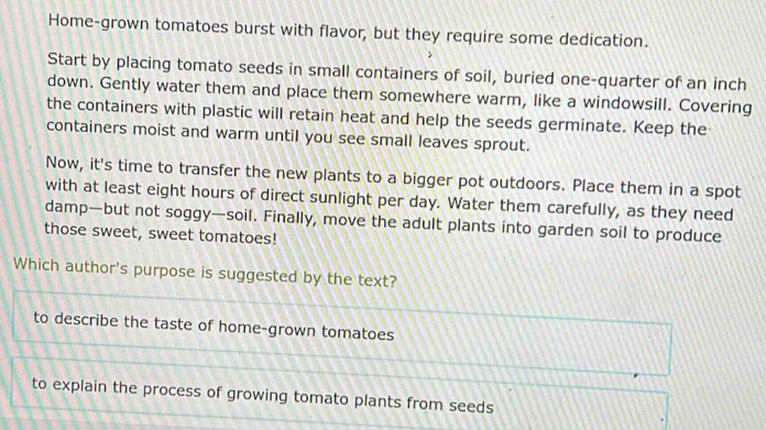 Home-grown tomatoes burst with flavor, but they require some dedication.
Start by placing tomato seeds in small containers of soil, buried one-quarter of an inch
down. Gently water them and place them somewhere warm, like a windowsill. Covering
the containers with plastic will retain heat and help the seeds germinate. Keep the
containers moist and warm until you see small leaves sprout.
Now, it's time to transfer the new plants to a bigger pot outdoors. Place them in a spot
with at least eight hours of direct sunlight per day. Water them carefully, as they need
damp—but not soggy—soil. Finally, move the adult plants into garden soil to produce
those sweet, sweet tomatoes!
Which author's purpose is suggested by the text?
to describe the taste of home-grown tomatoes
to explain the process of growing tomato plants from seeds