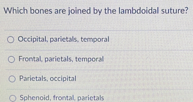 Which bones are joined by the lambdoidal suture?
Occipital, parietals, temporal
Frontal, parietals, temporal
Parietals, occipital
Sphenoid, frontal, parietals