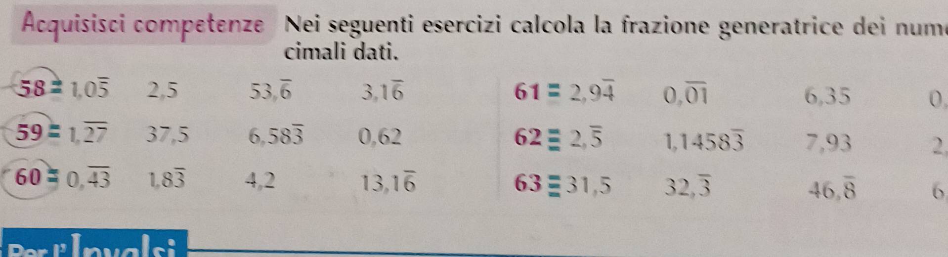 Acquisisci competenze Nei seguenti esercizi calcola la frazione generatrice dei nume 
cimali dati.
58=1.0overline 5 2,5 53,overline 6 3,1overline 6 61=2,9overline 4 0,overline 01
6,35 0
59=1,overline 27 37,5 6,58overline 3 0, 0. 2
1,1458overline 3
62equiv 2,overline 5 7,93
60=0,overline 43 1.8overline 3 4,2 13,1overline 6 63equiv 31,5 32,overline 3 46,overline 8 6
Elnvalsi