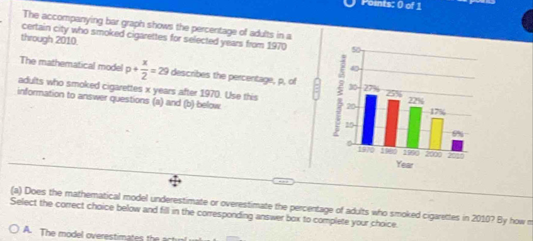 The accompanying bar graph shows the percentage of adults in a
certain city who smoked cigarettes for selected years from 1970
through 2010.
The mathematical model p+ x/2 =29 describes the percentage, p, of 
adults who smoked cigarettes x years after 1970. Use this
information to answer questions (a) and (b) below.
(a) Does the mathematical model underestimate or overestimate the percentage of adults who smoked cigarettes in 2010? By how m
Select the correct choice below and fill in the corresponding answer box to complete your choice.
A. The model overestimates the