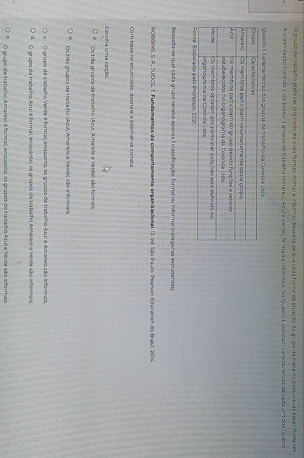 grupo de trabalho pode ser originado de duas formas: formal e informal. Ressalta-se que cada forma de atuação do grupo de trabalho possul suas especificidades.
A organização Colorida Ltda possui 3 grupos de trabalho (Amarelo, Azul e Verde), formais e informais. No Quadro 1, constam características de cada um dos Grupos:
Quadro 1: Características dos grupos de trabalho da Colorida Ltda.
Ressalta-se que cada grupo recebe apenas 1 classificação: formal ou informal (categorias excludentes).
ROBBINS, S. P.; JUDGE, T. Fundamentos do comportamento organizacional. 12. ed. São Paulo: Pearson Education do Brasil, 2014.
Com base no enunciado, assinale a alternativa correta:
Escolha uma opção:
a. Os três grupos de trabalho (Azul, Amarelo e Verde) são formals.
Os três grupos de trabalho (Azul, Amarelo e Verde) são informais.
c. O grupo de trabalho Verde é formal, enquanto, os grupos de trabalho Azul e Amarelo são informais.
O grupo de trabalho Azul é formal, enquanto, os grupos de trabalho Amarelo e Verde são informais.
e. O grupo de trabalho Amarelo é formal, enquanto, os grupos de trabalho Azul e Verde são informais.