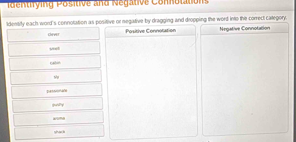 identifying Positive and Négative Connolations
ldentify each word's connotation as positive or negative by dragging and dropping the word into the correct category.
clever Positive Connotation Negative Connotation
smell
cabin
sly
passionate
pushy
aroma
shack