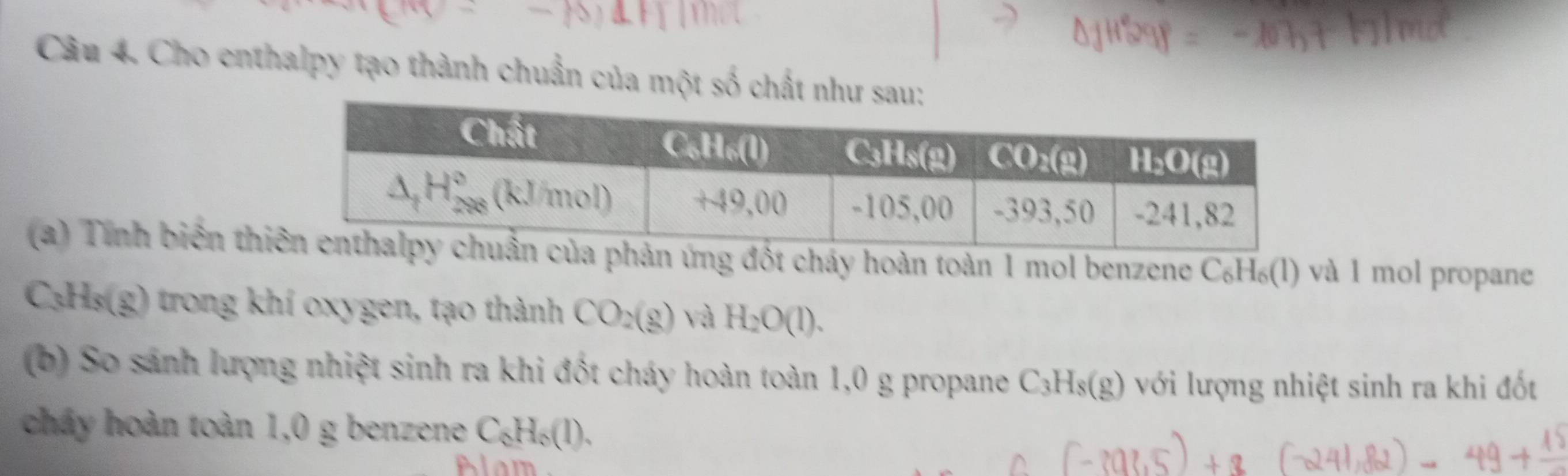 Cho enthalpy tạo thành chuẩn của một số chất như sau:
(a) Tính biến thản ứng đốt cháy hoàn toàn 1 mol benzene C_6H_6(l) và 1 mol propane
C₃Hs(g) trong khí oxygen, tạo thành CO_2(g) và H_2O(l).
(b) So sánh lượng nhiệt sinh ra khi đốt cháy hoàn toàn 1,0 g propane C_3H_8(g) với lượng nhiệt sinh ra khi đốt
cháy hoàn toàn 1,0 g benzene C_6H_6(l).