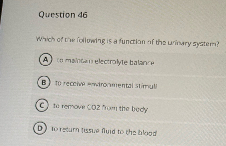 Which of the following is a function of the urinary system?
A to maintain electrolyte balance
B to receive environmental stimuli
C  to remove CO2 from the body
D to return tissue fluid to the blood