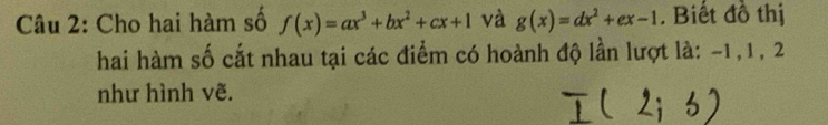 Cho hai hàm số f(x)=ax^3+bx^2+cx+1 và g(x)=dx^2+ex-1. Biết đồ thị
hai hàm số cắt nhau tại các điểm có hoành độ lần lượt là: -1, 1, 2
như hình vẽ.