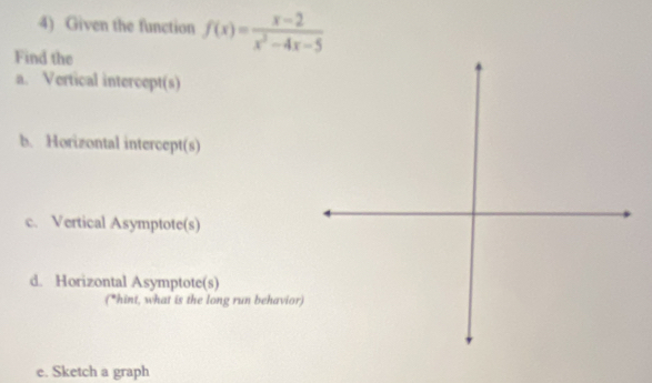 Given the function f(x)= (x-2)/x^2-4x-5 
Find the 
a. Vertical intercept(s) 
b. Horizontal intercept(s) 
c. Vertical Asymptote(s) 
d. Horizontal Asymptote(s) 
(*hint, what is the long run behavior) 
e. Sketch a graph