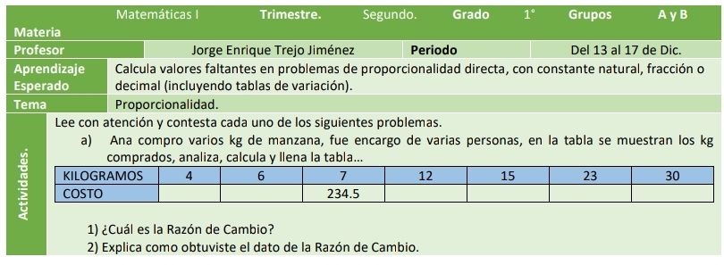 Matemáticas I Trimestre. Segundo. Grado 1° Grupos AyB
Materia
Profesor Jorge Enrique Trejo Jiménez Periodo Del 13 al 17 de Dic.
Aprendizaje Calcula valores faltantes en problemas de proporcionalidad directa, con constante natural, fracción o
Esperado decimal (incluyendo tablas de variación).
Tema Proporcionalidad.
Lee con atención y contesta cada uno de los siguientes problemas..
a) Ana compro varios kg de manzana, fue encargo de varias personas, en la tabla se muestran los kg
comprados, analiza, calcula y Ilena la tabla...
KILOGRAMOS 4 6 7 12 15 23 30
COSTO 234.5
1) ¿Cuál es la Razón de Cambio?
2) Explica como obtuviste el dato de la Razón de Cambio.