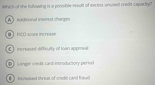 Which of the following is a possible result of excess unused credit capacity?
AAdditional interest charges
B  FICO score increase
C Increased difficulty of loan approval
D Longer credit card introductory period
E  Increased threat of credit card fraud