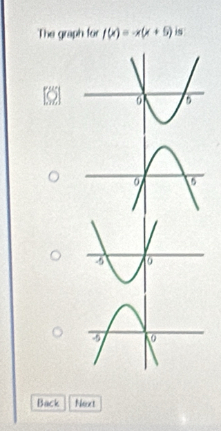 The graph for f(x)=-x(x+5) is 
Back Noxt