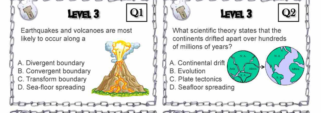 is Level 3 Q1 Level 3 Q2
Earthquakes and volcanoes are most What scientific theory states that the
likely to occur along acontinents drifted apart over hundreds
of millions of years?
N. A. N A
A. Divergent boundary A. Continental drift
B. Convergent boundarB. Evolution Asin Alica Africs
C. Transform boundaryC. Plate tectonics
D. Sea-floor spreading D. Seafloor spreading