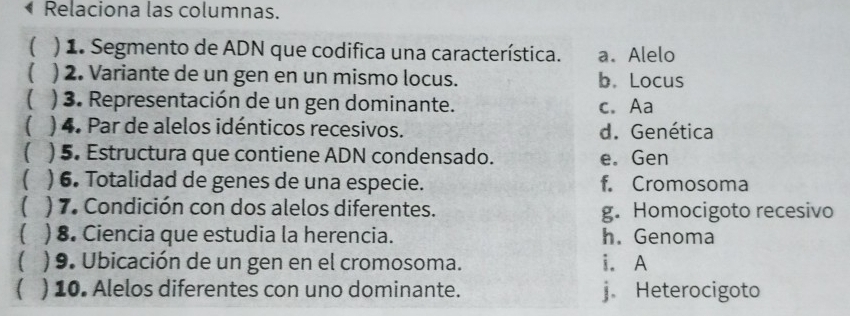 Resuelto:Relaciona las columnas. ( ) 1. Segmento de ADN que codifica ...