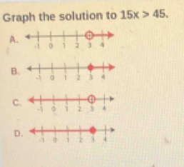 Graph the solution to 15x>45.
A
B
C
D