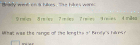 Brody went on 6 hikes. The hikes were:
9 miles 8 miles 7 miles 7 miles 9 miles 4 miles
What was the range of the lengths of Brody's hikes?
milec