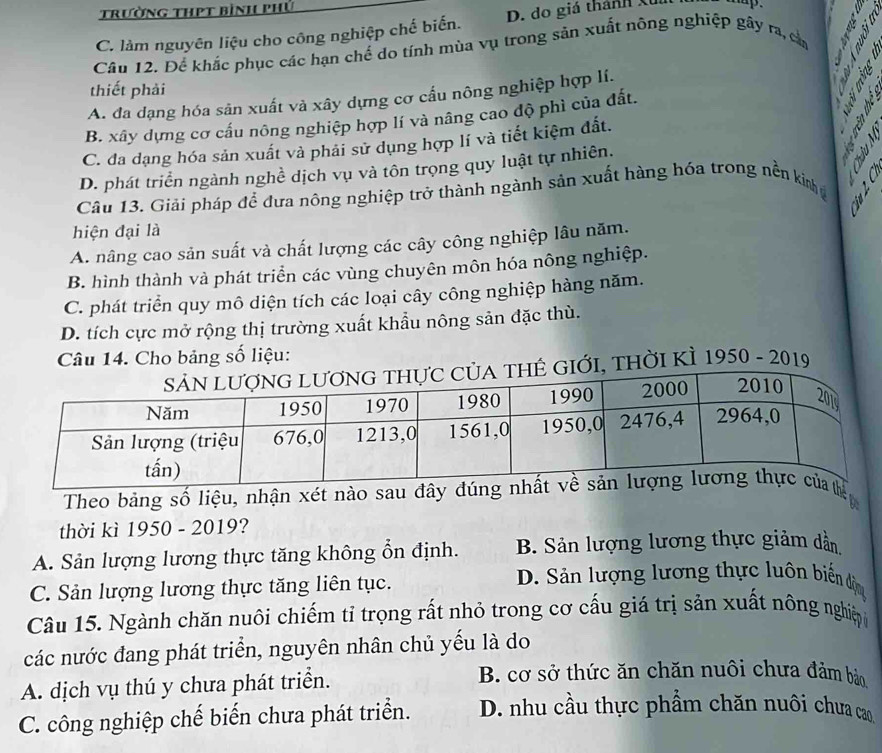 trường thPt bình phủ
C. làm nguyên liệu cho công nghiệp chế biến. D. do giá thánh X
Câu 12. Để khắc phục các hạn chế do tính mùa vụ trong sản xuất nông nghiệp gây ra, củ  
 
thiết phải
A. đa dạng hóa sân xuất và xây dựng cơ cấu nông nghiệp hợp lí.
B. xây dựng cơ cấu nông nghiệp hợp lí và nâng cao độ phì của đất. 5
C. đa dạng hóa sản xuất và phải sử dụng hợp lí và tiết kiệm đất.

D. phát triển ngành nghề dịch vụ và tôn trọng quy luật tự nhiên.
 
Câu 13. Giải pháp để đưa nông nghiệp trở thành ngành sản xuất hàng hóa trong nền kinh
hiện đại là
A. nâng cao sản suất và chất lượng các cây công nghiệp lâu năm.
B. hình thành và phát triển các vùng chuyên môn hóa nông nghiệp.
C. phát triển quy mô diện tích các loại cây công nghiệp hàng năm.
D. tích cực mở rộng thị trường xuất khẩu nông sản đặc thù.
Câu 14. Cho bảng số liệu:
THẻ GIỚI, tHời KÌ 1950 - 2019
Theo bảng số liệu, nhận xét nào sau đây đú
thời kì 1950 - 2019?
A. Sản lượng lương thực tăng không ổn định. B. Sản lượng lương thực giảm dần
C. Sản lượng lương thực tăng liên tục.
D. Sản lượng lương thực luôn biến dện
Câu 15. Ngành chăn nuôi chiếm tỉ trọng rất nhỏ trong cơ cấu giá trị sản xuất nông nghiện
các nước đang phát triển, nguyên nhân chủ yếu là do
A. dịch vụ thú y chưa phát triển.
B. cơ sở thức ăn chăn nuôi chưa đảm bảo
C. công nghiệp chế biến chưa phát triển.  D. nhu cầu thực phẩm chăn nuôi chưa cao