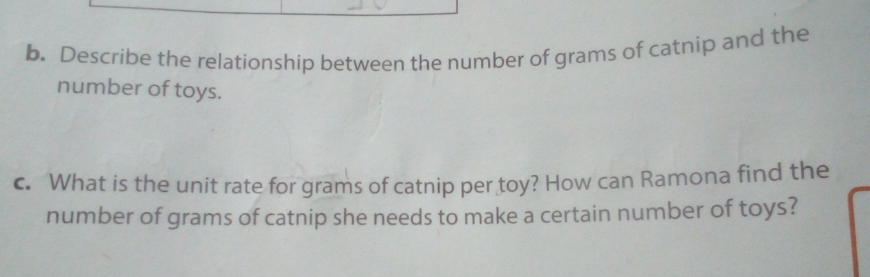 Describe the relationship between the number of grams of catnip and the 
number of toys. 
c. What is the unit rate for grams of catnip per toy? How can Ramona find the 
number of grams of catnip she needs to make a certain number of toys?