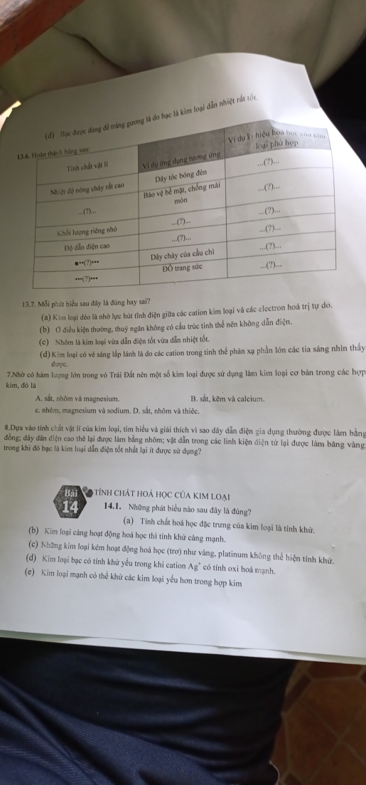 kim loại dẫn nhiệt rất tói:
13.7. Mỗi phát biểu sau đây là đũng hay sai?
(a) Kim loại dẻo là nhờ lực hút tĩnh điện giữa các cation kim loại và các electron hoá trị tự do.
(b) Ở điều kiện thường, thuỷ ngân không có cầu trúc tinh thể nên không dẫn điện.
(c) Nhôm là kim loại vừa dẫn điện tốt vừa dẫn nhiệt tốt.
(d) Kim loại có vẻ sáng lấp lánh là do các cation trong tinh thể phản xạ phần lớn các tia sáng nhìn thấy
được.
7.Nhờ có hàm lượng lớn trong vỏ Trái Đất nên một số kim loại được sử dụng làm kim loại cơ bản trong các hợp
kim, đó là
A. sắt, nhôm và magnesium. B. sắt, kẽm và calcium.
c. nhôm, magnesium và sodium. D. sắt, nhôm và thiêc.
8.Dựa vào tính chất vật lí của kim loại, tim hiểu và giải thích vì sao dây dẫn điện gia dụng thường được làm bằng
đồng; dây dân điện cao thê lại được làm bằng nhôm; vật dẫn trong các linh kiện điện từ lại được làm băng vàng
trong khi đó bạc là kim loại dẫn điện tốt nhất lại ít được sử dụng?
R  ả tính ChÁT HOÁ HọC CủA KIM Loại
14 14.1. Những phát biểu nào sau đây là đúng?
(a) Tính chất hoá học đặc trưng của kim loại là tính khử.
(b) Kim loại cảng hoạt động hoá học thì tính khử cảng mạnh.
(c) Những kim loại kém hoạt động hoá học (trơ) như vàng, platinum không thể hiện tính khử.
(d) Kim loại bạc có tính khử yểu trong khi cation Ag * có tính oxi hoá mạnh.
(e) Kim loại mạnh có thể khử các kim loại yếu hơn trong hợp kim