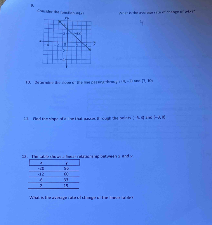 Consider the function w(x) What is the average rate of change of w(x) ?
10. Determine the slope of the line passing through (4,-2) and (7,10)
11. Find the slope of a line that passes through the points (-5,3) and (-3,8).
12. The table shows a linear relationship between x and y.
What is the average rate of change of the linear table?