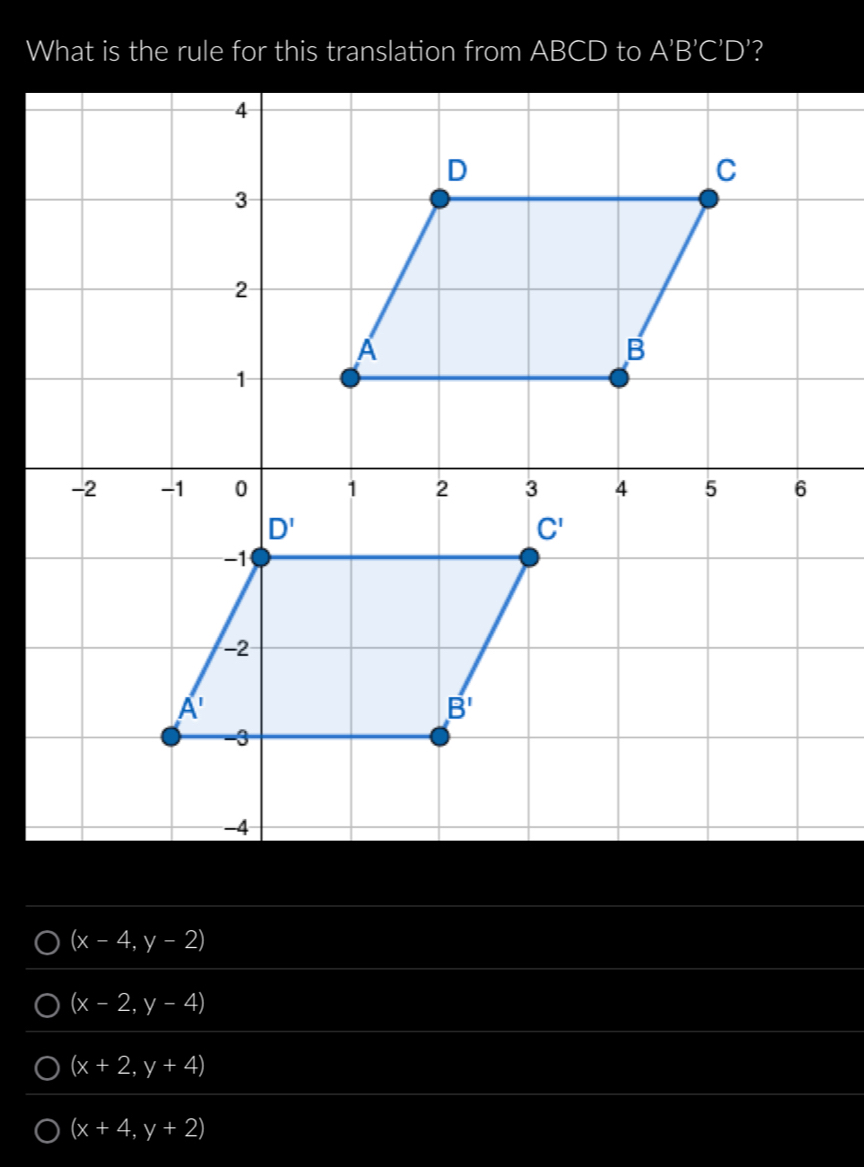 A'B'C'D' ?
(x-4,y-2)
(x-2,y-4)
(x+2,y+4)
(x+4,y+2)