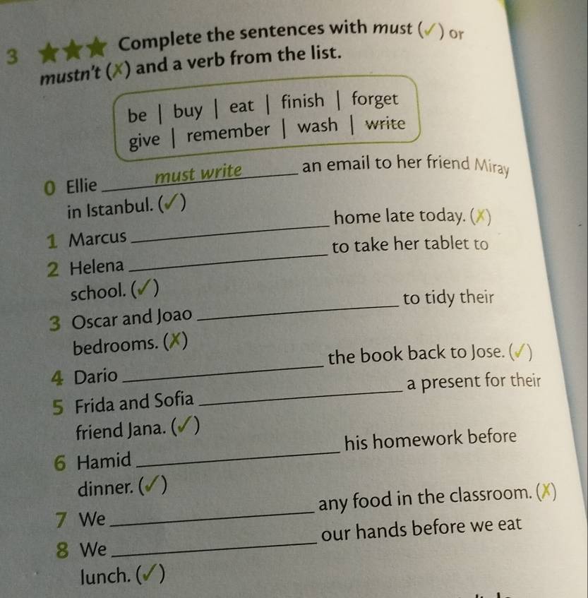 Complete the sentences with must ( ) or
3
mustn’t (✗) and a verb from the list.
be | buy | eat | finish | forget
give | remember | wash | write
O Ellie _must write_ an email to her friend Miray
_
in Istanbul. (✓)
home late today. ( 
1 Marcus
to take her tablet to
2 Helena
_
_
school. ( )
to tidy their
3 Oscar and Joao
bedrooms. ( X)
_
the book back to Jose. ( )
4 Dario
5 Frida and Sofia _a present for their
friend Jana. ( )
6 Hamid _his homework before
dinner. ( )
7 We _any food in the classroom. ( X
8 We_ our hands before we eat
lunch. ( )