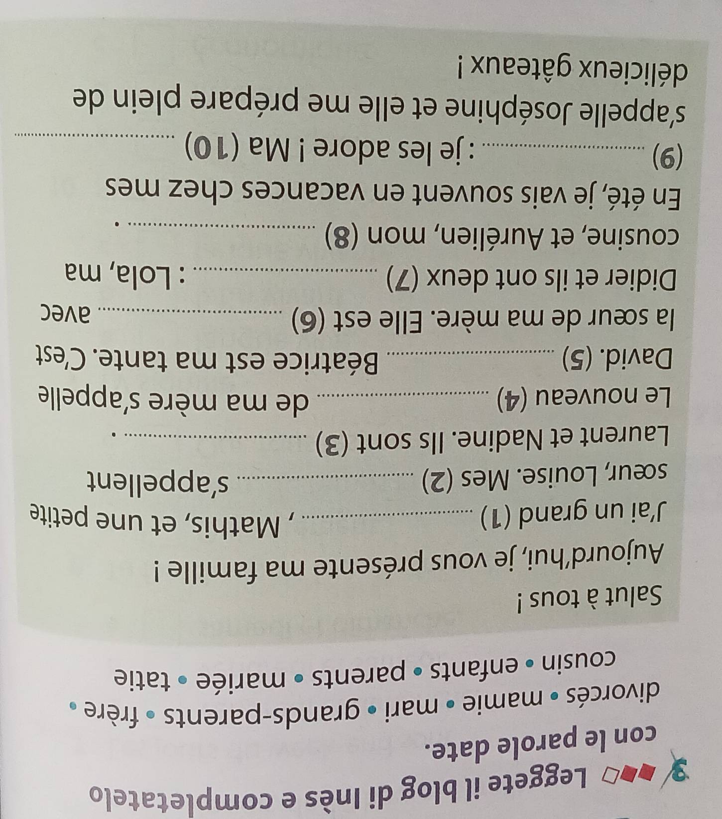 3 #4ª Leggete il blog di Inès e completatelo 
con le parole date. 
divorcés • mamie • mari • grands-parents » frère » 
cousin • enfants • parents • mariée • tatie 
Salut à tous ! 
Aujourd’hui, je vous présente ma famille ! 
J’ai un grand (1)_ 
, Mathis, et une petite 
sœur, Louise. Mes (2)_ 
s’appellent 
Laurent et Nadine. Ils sont (3)_ 
. 
Le nouveau (4) _de ma mère s'appelle 
David. (5) _Béatrice est ma tante. C'est 
la sœur de ma mère. Elle est (6) _avec 
Didier et ils ont deux (7) _: Lola, ma 
cousine, et Aurélien, mon (8)_ 
. 
En été, je vais souvent en vacances chez mes 
(9) _: je les adore ! Ma (10)_ 
s'appelle Joséphine et elle me prépare plein de 
délicieux gâteaux !